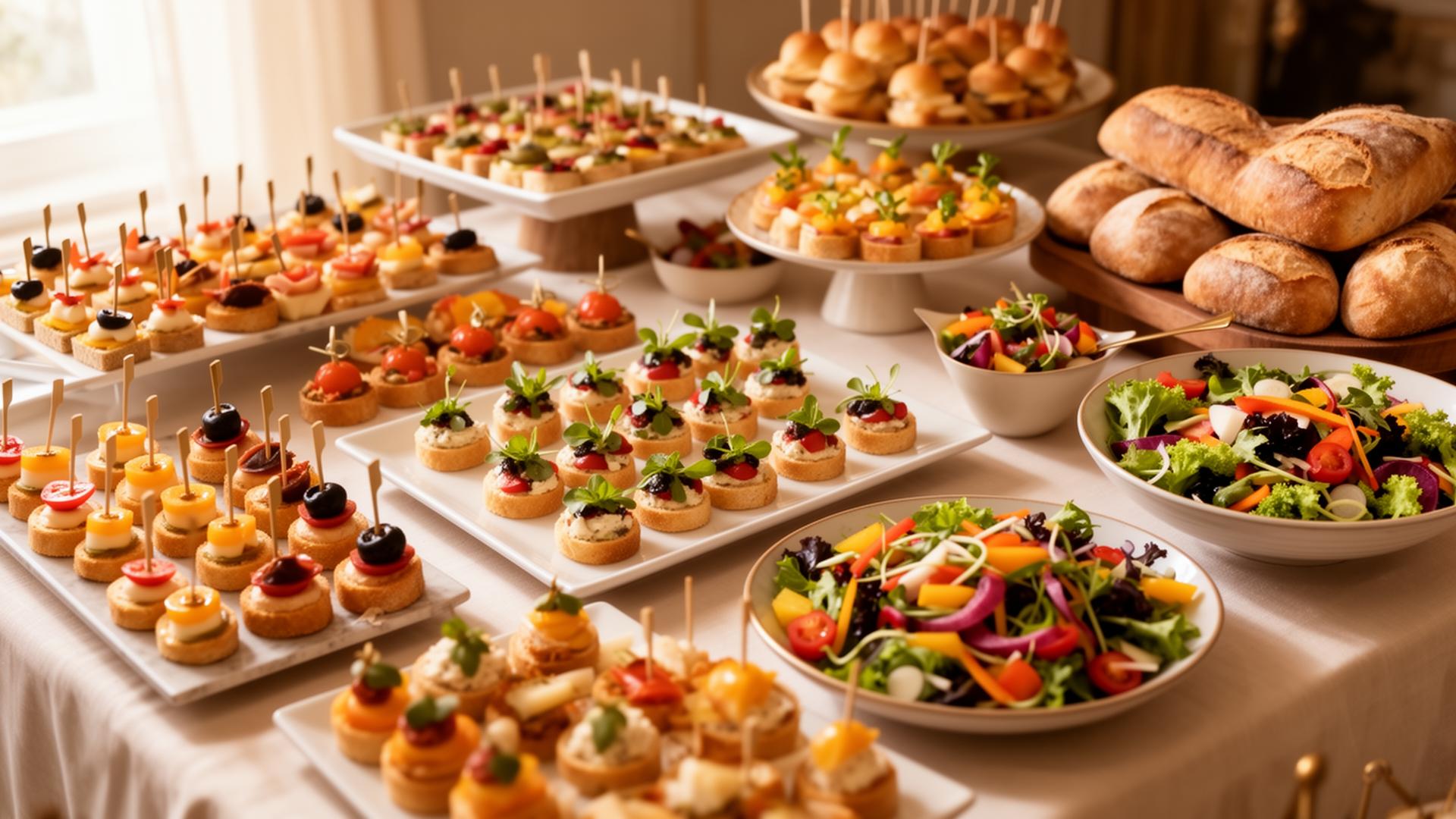 Buffet mit frischen Canapés, Salaten und Brot